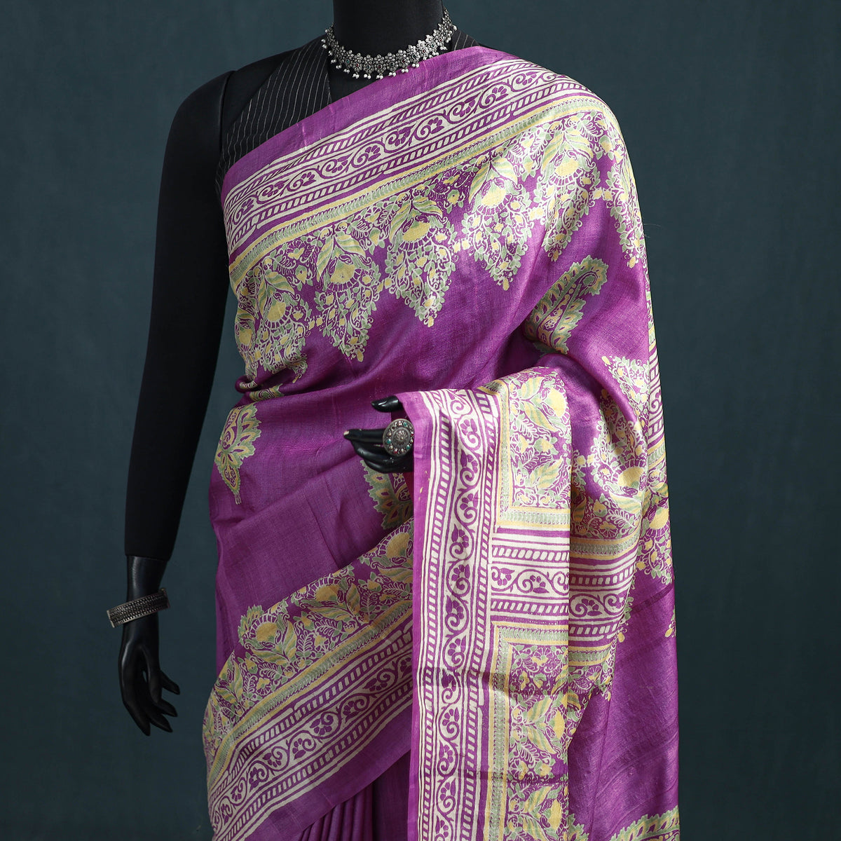 Tussar Silk Pure Handloom Saree in Bengal Hand Block Prints 02