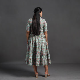 Buy Blue Tiered Cotton Block Print Sanganeri Dress