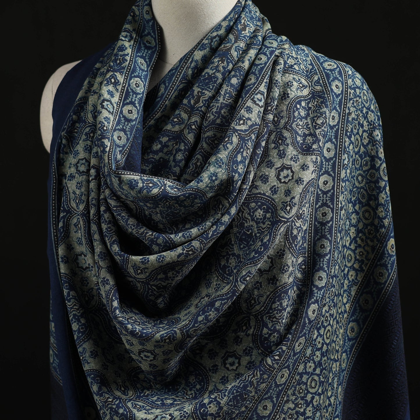 Kutch Handwoven Ajrakh Hand Block Print Merino Wool Shawl  64