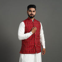 Red - Silk Cotton Handwoven Pochampally Ikat Nehru Jacket 04