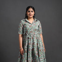 Blue - Tiered Cotton Block Print Sanganeri Dress 08