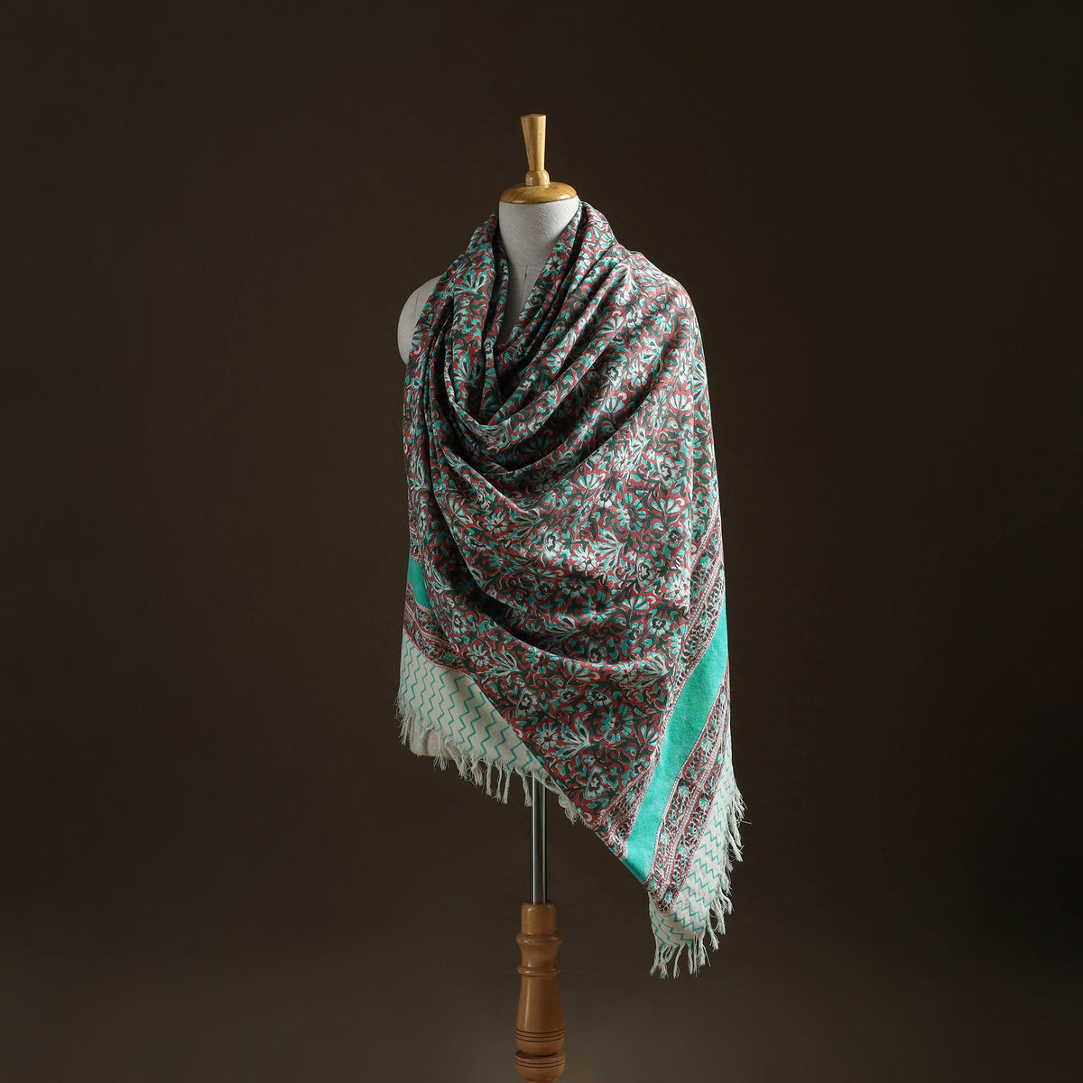 Floral Sanganeri Print Pure Merino Wool Handwoven Shawl 48