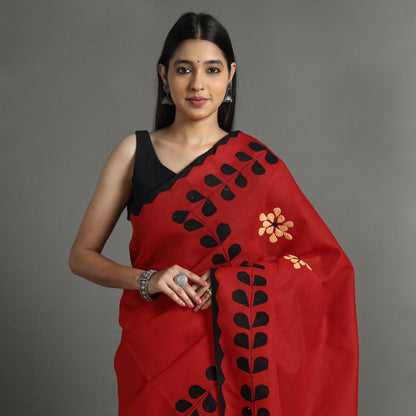 Red - Applique Patti Kaam Pure Cotton Saree from Rampur 11