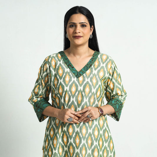 Green & Yellow - Pochampally Ikat Weave Kalamkari Patchwork Cotton Straight Kurta
