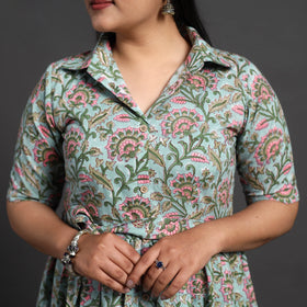 Buy Blue Tiered Cotton Block Print Sanganeri Dress
