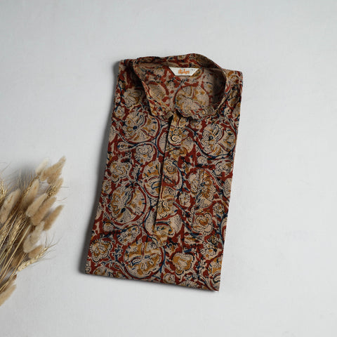 Hand Block Print Natural Dyed Cotton Short Kalamkari Kurta for Men 09