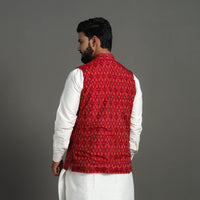 Red - Silk Cotton Handwoven Pochampally Ikat Nehru Jacket 04