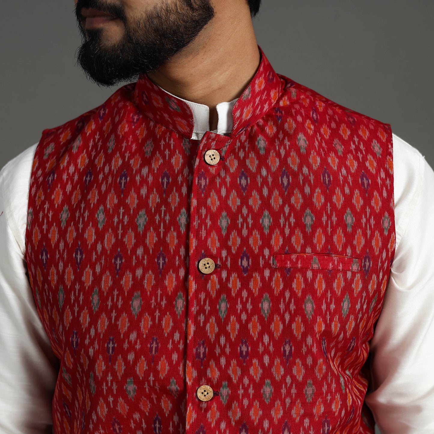 Red - Silk Cotton Handwoven Pochampally Ikat Nehru Jacket 04