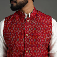 Red - Silk Cotton Handwoven Pochampally Ikat Nehru Jacket 04