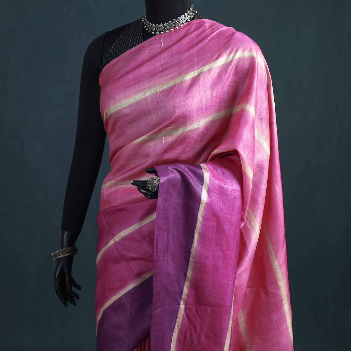 Tussar Silk Pure Handloom Saree in Bengal Hand Block Prints 03