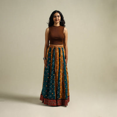 Multicolor - Bandhani Tie-Dye 24 Kali Patchwork Cotton Long Skirt 12