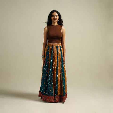 Multicolor - Bandhani Tie-Dye 24 Kali Patchwork Cotton Long Skirt 12