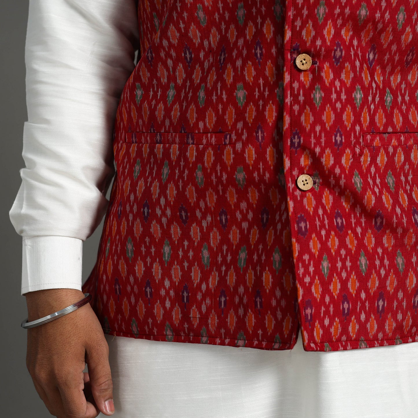 Red - Silk Cotton Handwoven Pochampally Ikat Nehru Jacket 04