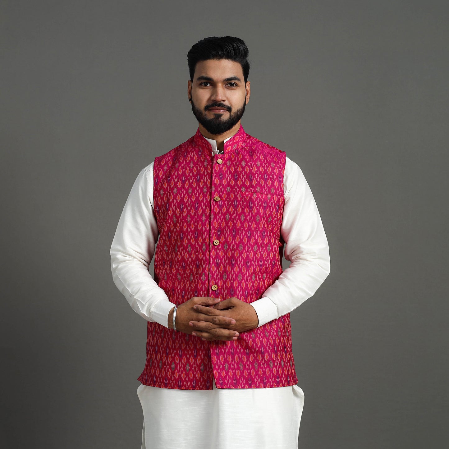 Pink - Silk Cotton Handwoven Pochampally Ikat Nehru Jacket 07