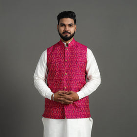 Buy Pink Silk Cotton Handwoven Pochampally Ikat Nehru Jacket