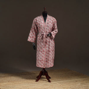 Peach - Sanganeri Hand Block Print Waffle Weave Cotton Bath Robe 21