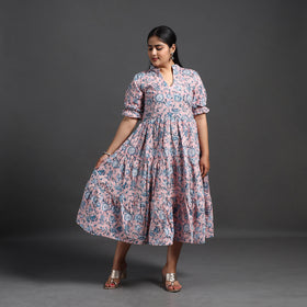 Buy Pink Tiered Cotton Block Print Sanganeri Dress