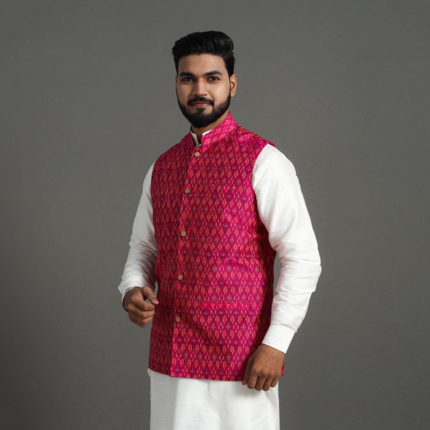 Pink - Silk Cotton Handwoven Pochampally Ikat Nehru Jacket 07