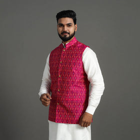 Buy Pink Silk Cotton Handwoven Pochampally Ikat Nehru Jacket