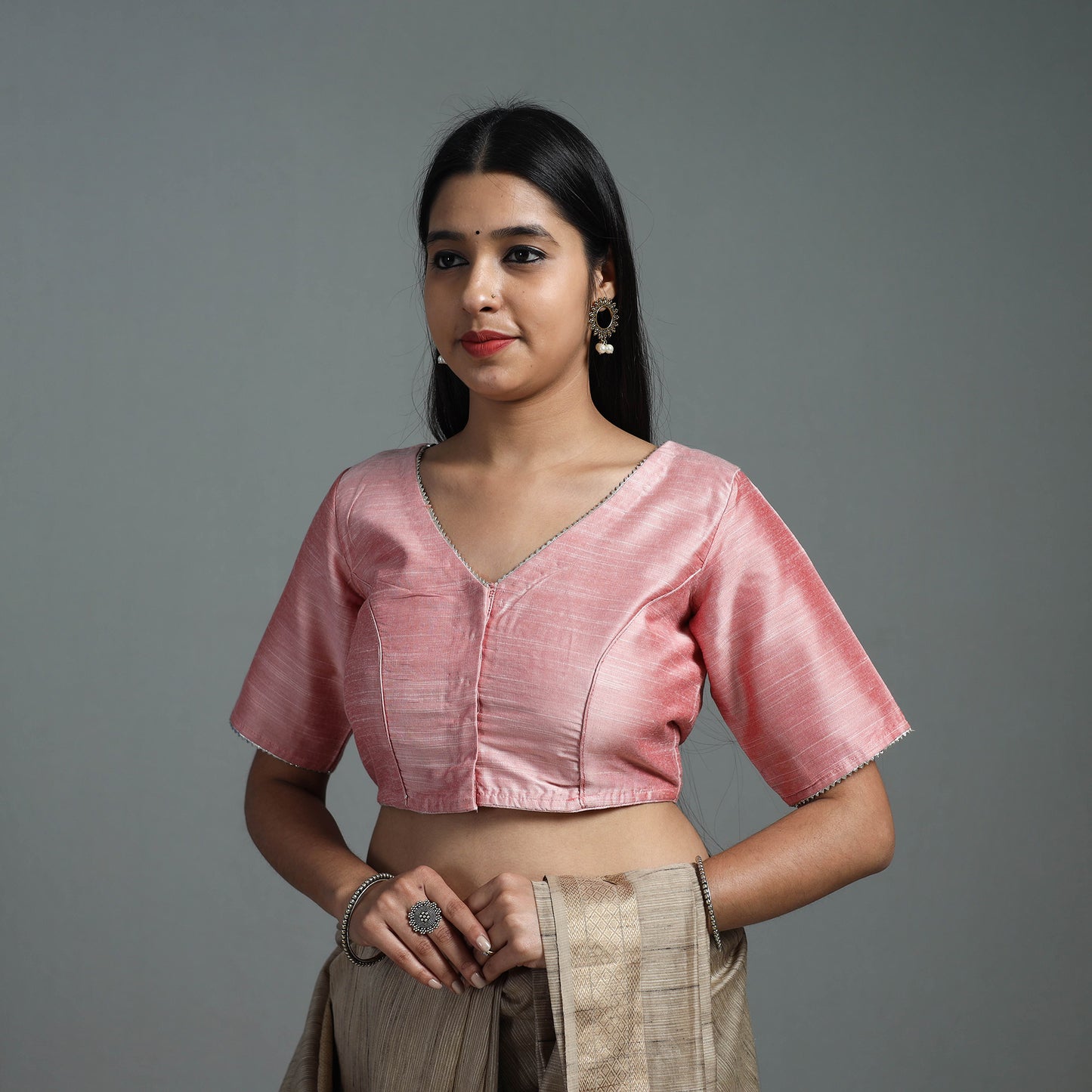 Peach - Gota Patti Slub Silk Plain Blouse 06