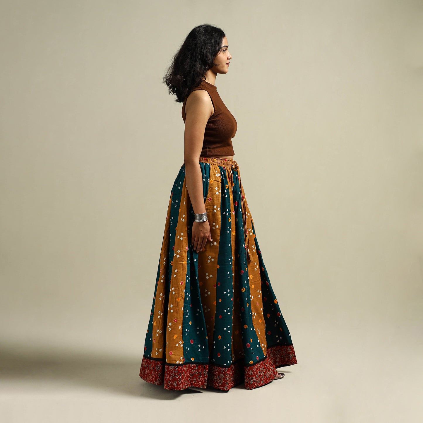 Multicolor - Bandhani Tie-Dye 24 Kali Patchwork Cotton Long Skirt 12