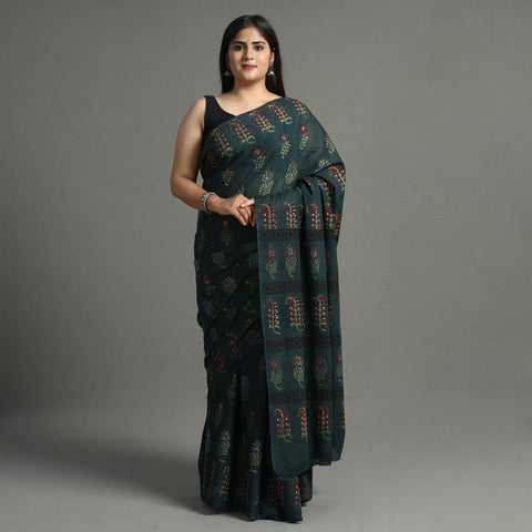 Green - Nandana Dabu Block Printed Mul Cotton Saree 15