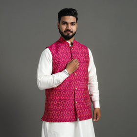 Buy Pink Silk Cotton Handwoven Pochampally Ikat Nehru Jacket