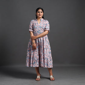 Buy Pink Tiered Cotton Block Print Sanganeri Dress