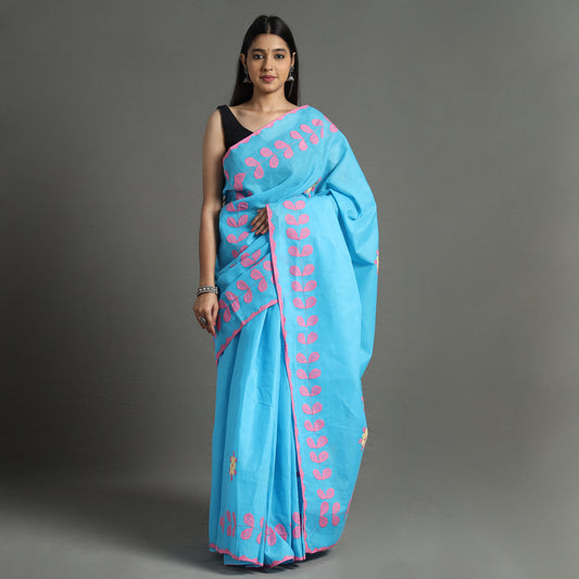 Blue - Applique Patti Kaam Pure Cotton Saree from Rampur 10