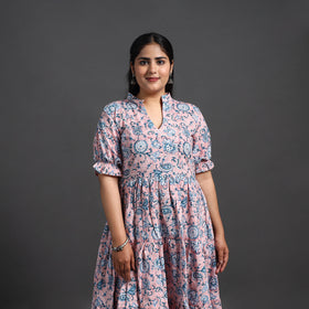 Buy Pink Tiered Cotton Block Print Sanganeri Dress
