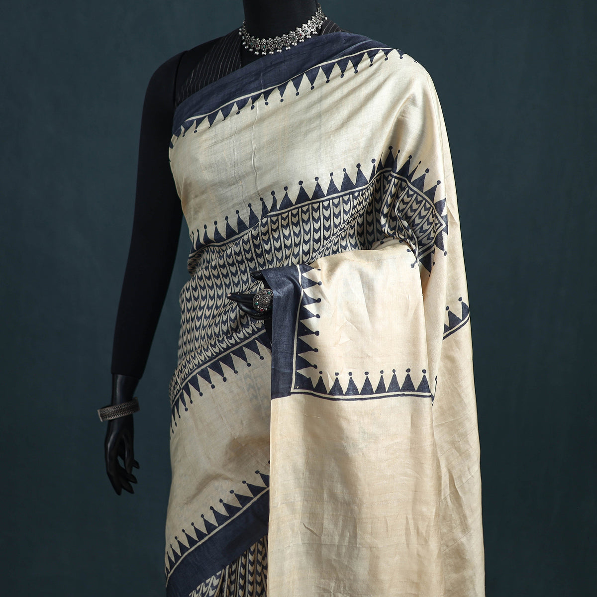Tussar Silk Pure Handloom Saree in Bengal Hand Block Prints 04