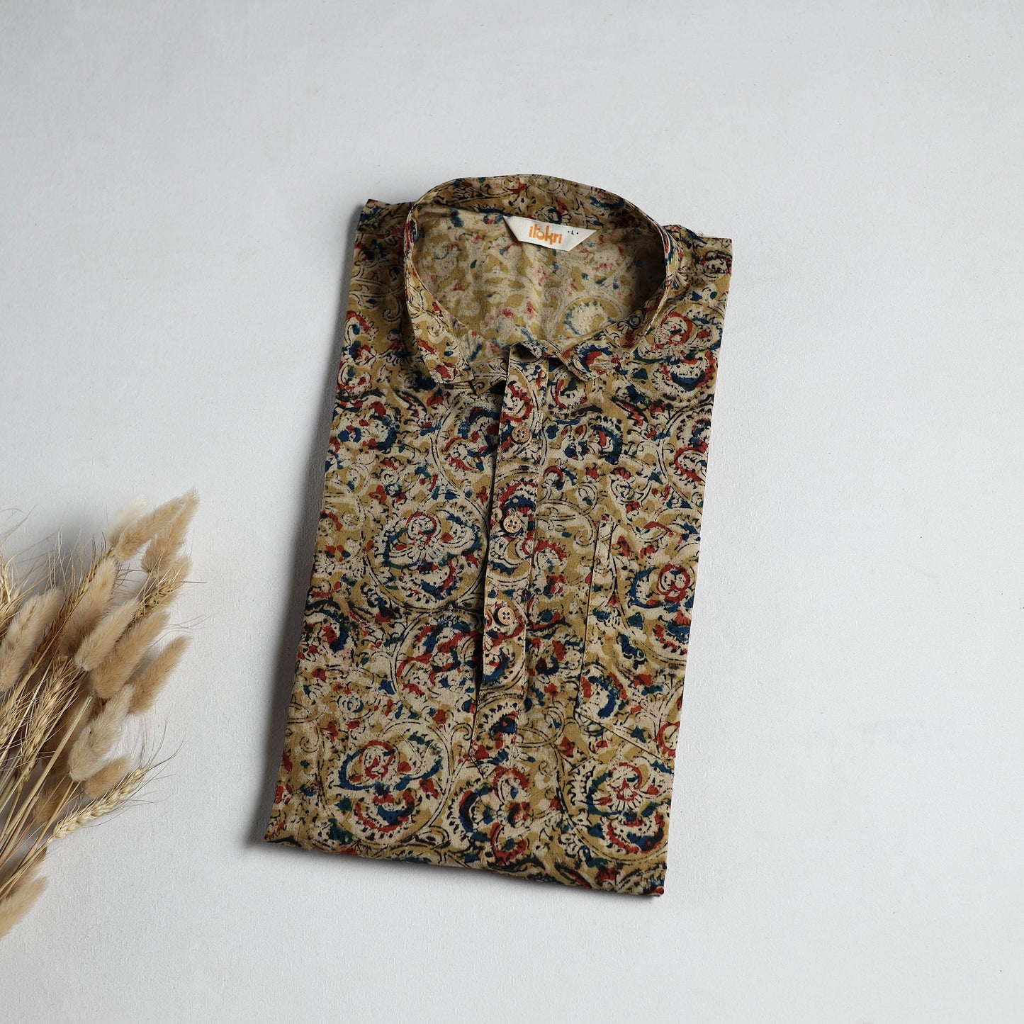 Hand Block Print Natural Dyed Cotton Short Kalamkari Kurta for Men 02