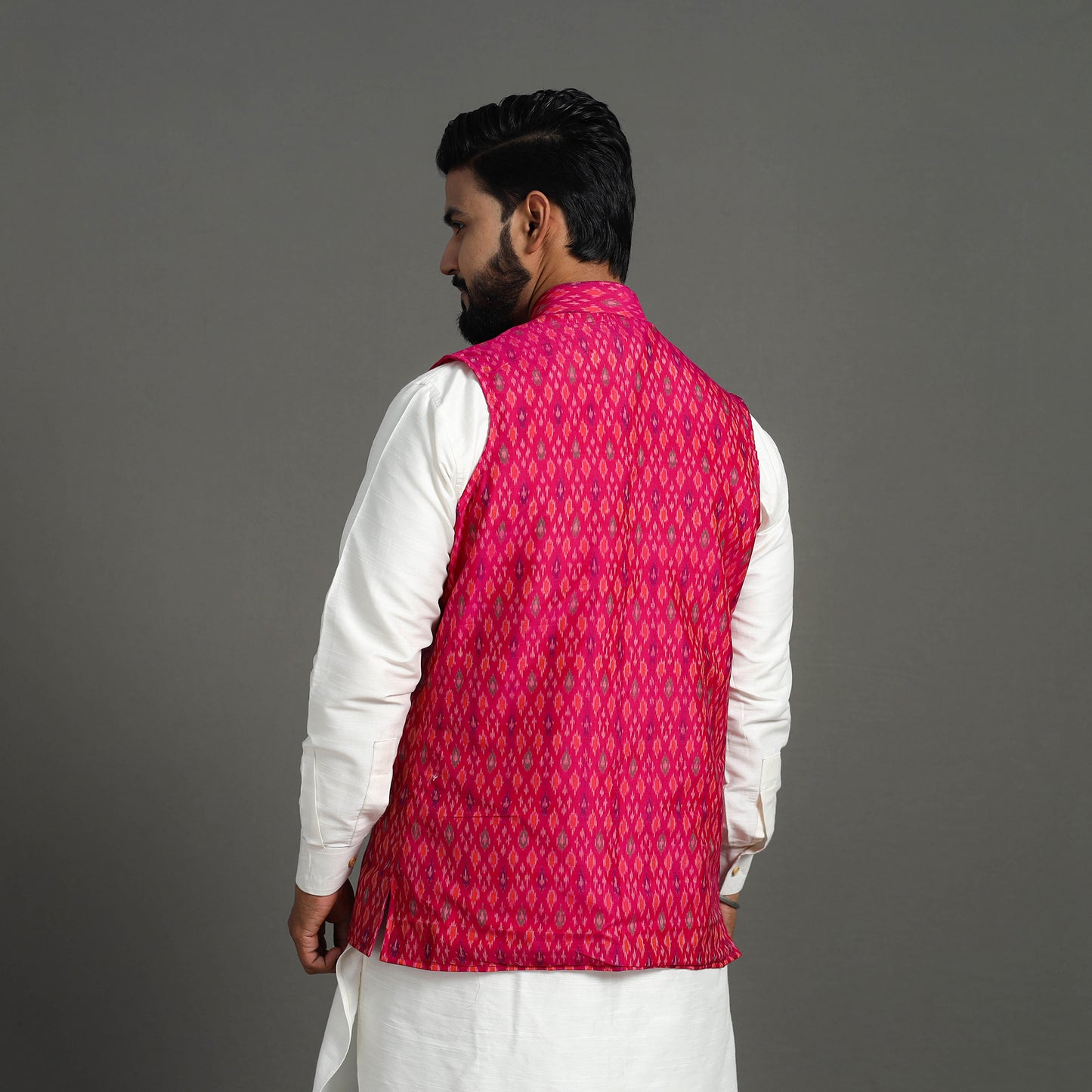 Pink - Silk Cotton Handwoven Pochampally Ikat Nehru Jacket 07