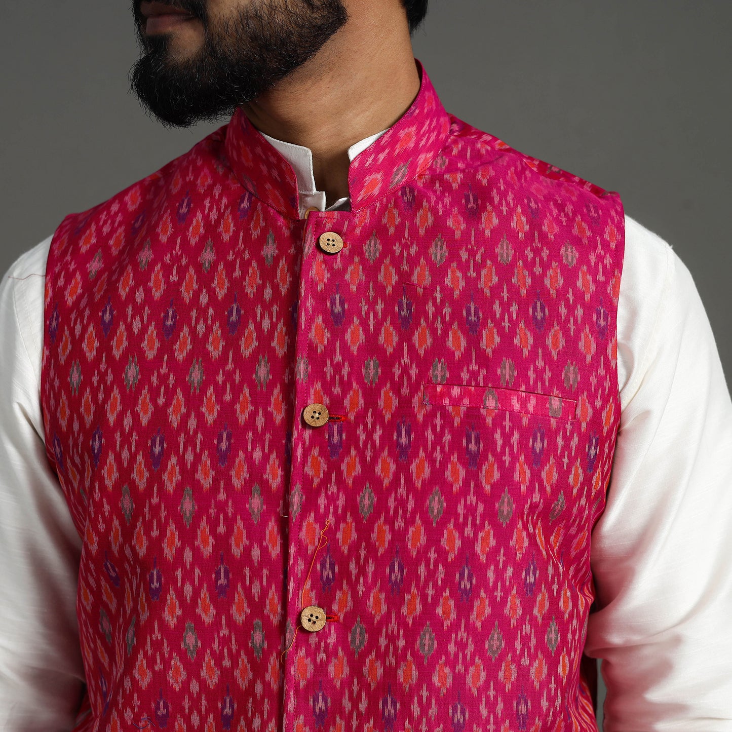 Pink - Silk Cotton Handwoven Pochampally Ikat Nehru Jacket 07