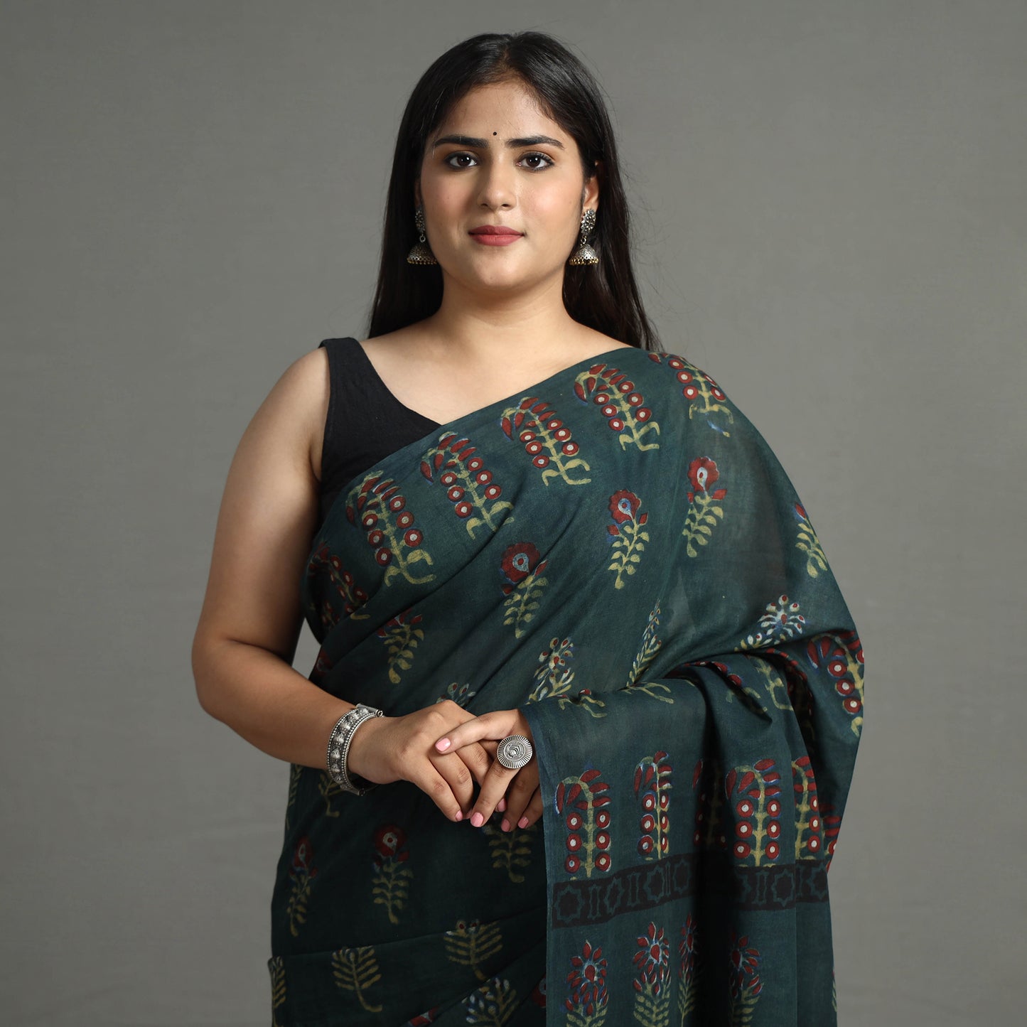 Green - Nandana Dabu Block Printed Mul Cotton Saree 15