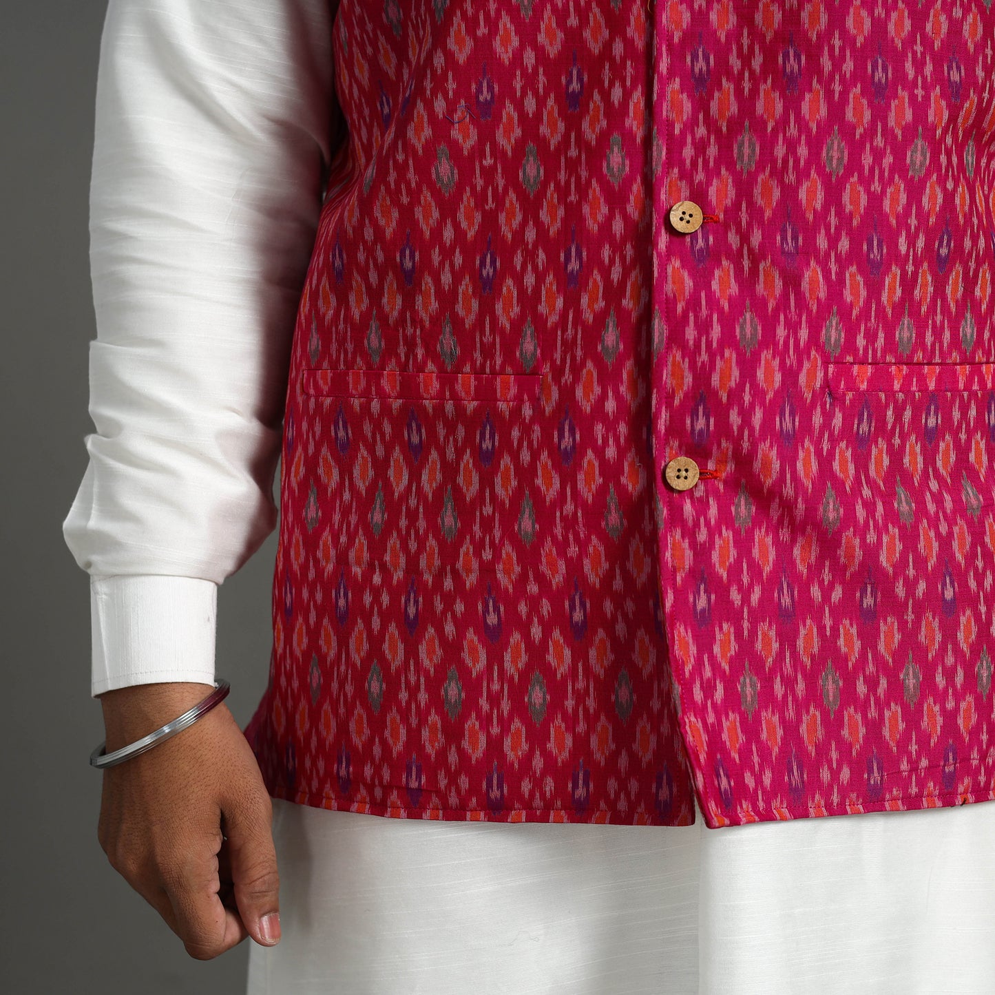 Pink - Silk Cotton Handwoven Pochampally Ikat Nehru Jacket 07