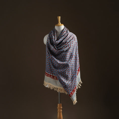 Floral sanganeri print pure merino wool handwoven shawl 50