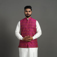 Pink - Silk Cotton Handwoven Pochampally Ikat Nehru Jacket 05