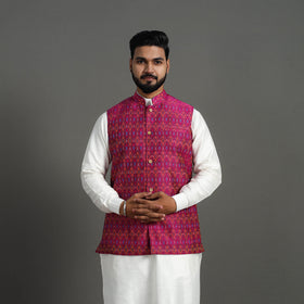 Pink - Silk Cotton Handwoven Pochampally Ikat Nehru Jacket 05