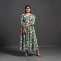 Green - Flared Cotton Block Print Sanganeri Dress 10