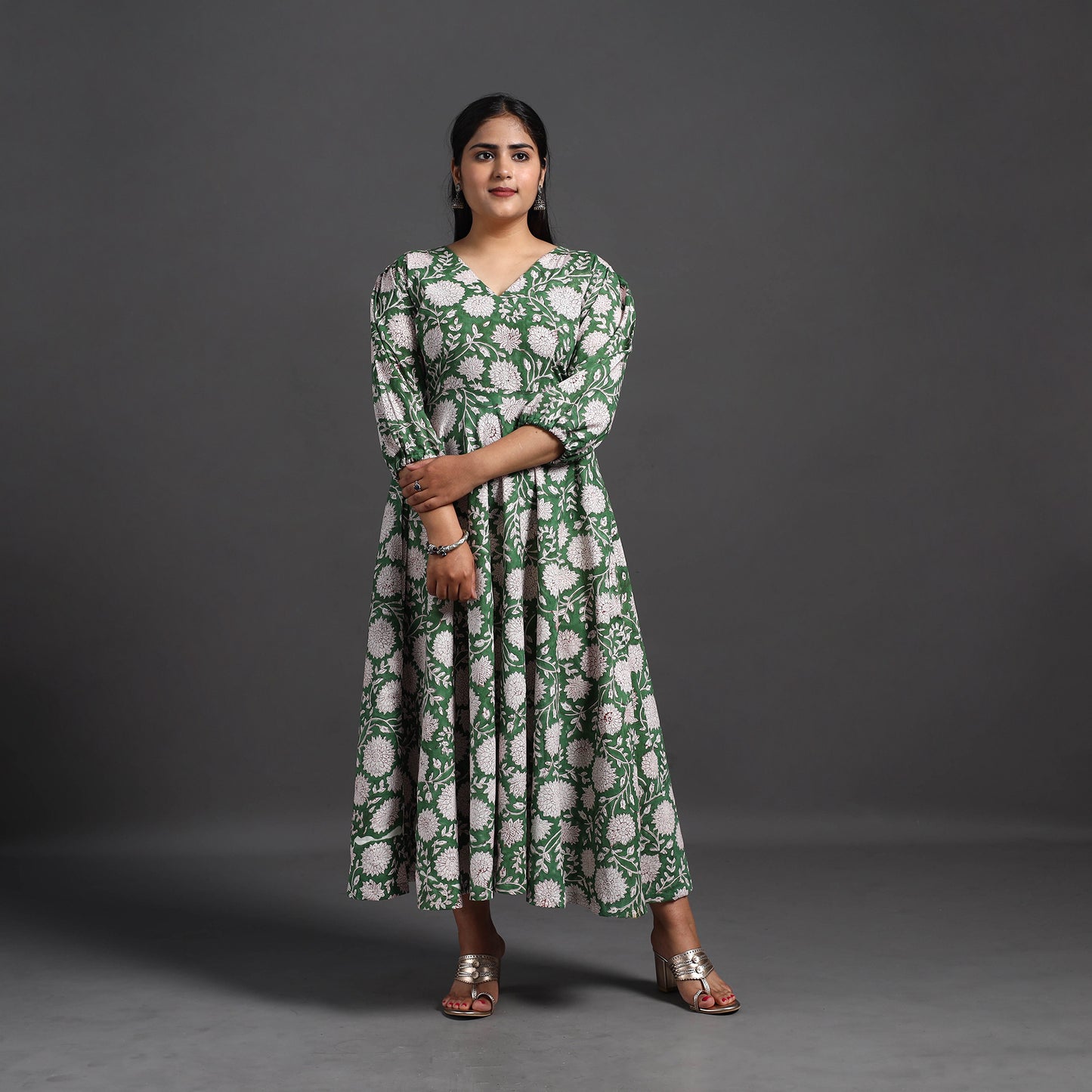 Green - Flared Cotton Block Print Sanganeri Dress 10