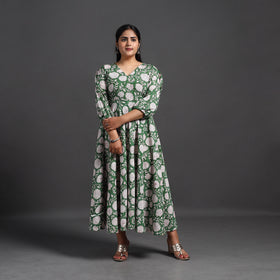 Green - Flared Cotton Block Print Sanganeri Dress 10