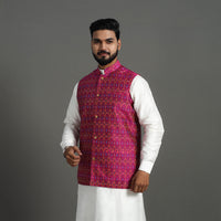 Pink - Silk Cotton Handwoven Pochampally Ikat Nehru Jacket 05