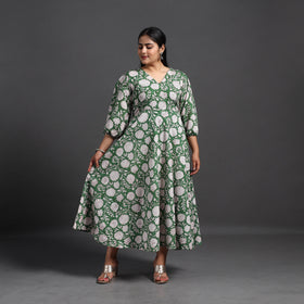 Green - Flared Cotton Block Print Sanganeri Dress 10