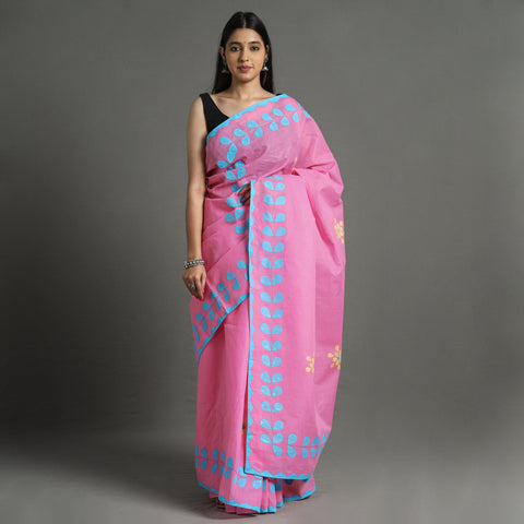 Pink - Applique Patti Kaam Pure Cotton Saree from Rampur 09