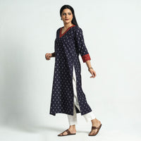 Blue - Special Pochampally Ikat Weave Kalamkari Patchwork Cotton Straight Kurta