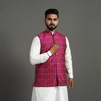 Pink - Silk Cotton Handwoven Pochampally Ikat Nehru Jacket 05