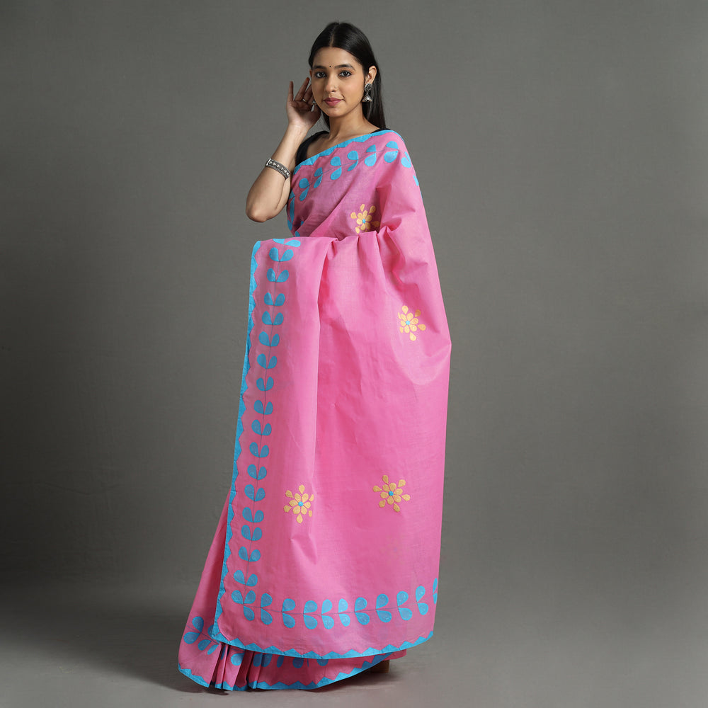 Pink - Applique Patti Kaam Pure Cotton Saree from Rampur 09