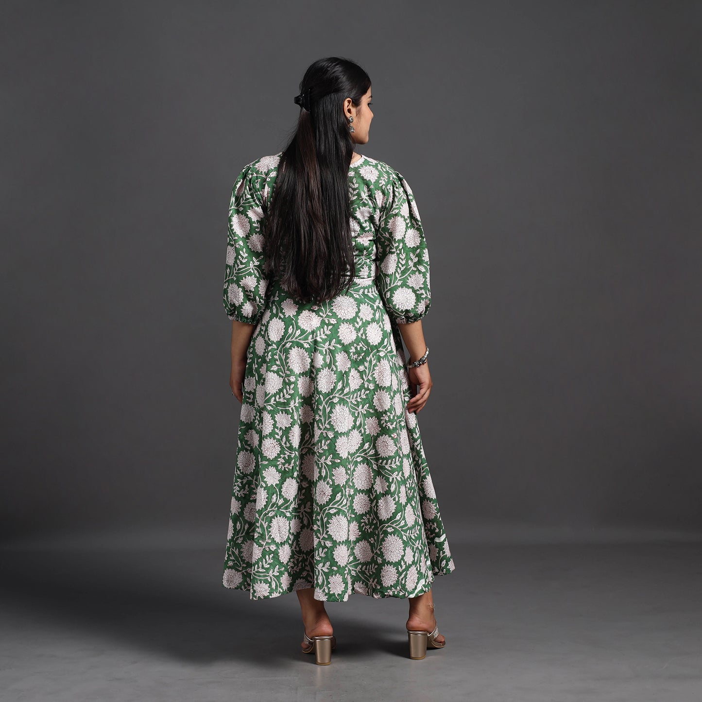 Green - Flared Cotton Block Print Sanganeri Dress 10