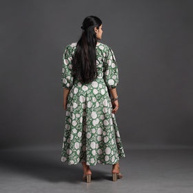 Green - Flared Cotton Block Print Sanganeri Dress 10